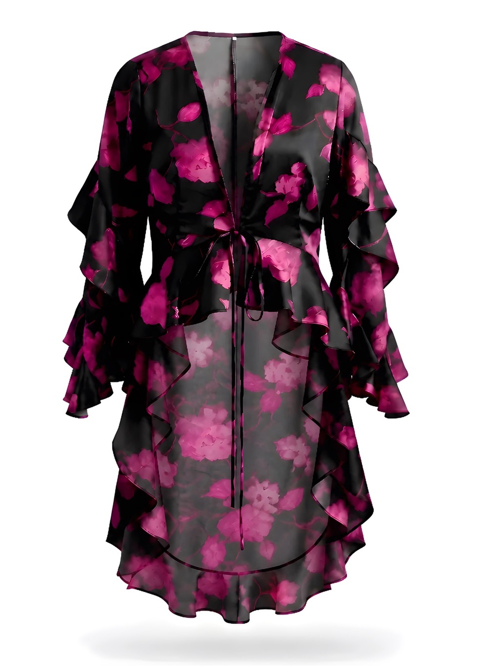 Floral Overlay Robe - Black with Magenta Floral